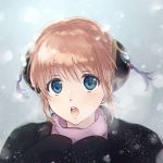  1girl :o blue_eyes brown_hair da_raku double_bun eyebrows_visible_through_hair gintama hair_between_eyes kagura_(gintama) looking_at_viewer outdoors pink_sweater short_hair snowing solo sweater turtleneck turtleneck_sweater upper_body 