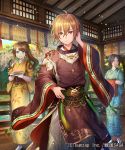  1boy 2girls androgynous blue_eyes blue_kimono ceiling company_name curtains day food hand_up indoors japanese_clothes kimono leaf_print long_hair looking_at_viewer multiple_girls official_art sengoku_saga shiba_0 short_hair smile standing tassel towel tree white_legwear wide_sleeves wooden_floor yellow_kimono 