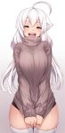  1girl ahoge breasts closed_eyes commentary cowboy_shot english_commentary gradient gradient_background highres iwbitu-sa long_hair long_sleeves nyopu open_mouth original solo sweater teeth thick_eyebrows thigh-highs turtleneck turtleneck_sweater white_hair white_legwear 