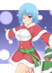  1girl alternate_color blue_hair bow capelet christmas commentary_request dress eyebrows_visible_through_hair fur-trimmed_capelet fur-trimmed_dress fur_trim garasuita green_bow grin hair_between_eyes highres looking_at_viewer one_eye_closed outstretched_arms red_capelet red_dress red_eyes santa_dress short_hair smile solo striped striped_bow tatara_kogasa touhou umbrella 
