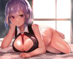  1girl absurdres aritsuno backlighting bare_arms bare_shoulders barefoot bed_sheet between_breasts black_shirt blurry blush breasts cheek_rest chin_rest cleavage closed_mouth collared_shirt commentary_request crop_top fate/grand_order fate_(series) highres large_breasts light_particles looking_at_viewer lying mash_kyrielight necktie necktie_between_breasts no_pants on_stomach panties pillow purple_hair red_neckwear revision shirt short_hair sidelocks sleeveless sleeveless_shirt smile solo steam stomach sweat thighs underwear violet_eyes white_panties window 