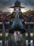  1girl black_hat blue_dress blue_eyes blue_hair blush boots braid brown_cape cape cityscape dress facing_viewer grey_sky hair_between_eyes hat light_smile long_sleeves mountain mushoku_tensei outdoors railing reflection roxy_migurdia solo sonchi staff standing twin_braids twintails white_legwear witch_hat 