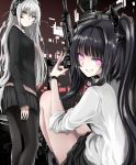  2girls absurdres architect_(girls_frontline) bangs black_hair blunt_bangs breasts casual expressionless gager_(girls_frontline) girls_frontline grin highres huge_filesize kamatama long_hair looking_at_viewer medium_breasts multiple_girls pale_skin pantyhose sangvis_ferri shirt side_ponytail skirt smile v violet_eyes weapon white_hair yellow_eyes 