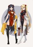  2girls alternate_costume bangs black_hair black_legwear blonde_hair character_name china_dress chinese_clothes cleavage_cutout dress earrings ereshkigal_(fate/grand_order) fate/grand_order fate_(series) full_body hair_ornament highres holding hoop_earrings infinity ishtar_(fate/grand_order) jewelry long_hair multiple_girls parted_bangs pelvic_curtain red_eyes side_slit smile standing thigh-highs two_side_up white_legwear yaoshi_jun 