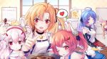  5girls ahoge animal_ears apron azur_lane bailey_(azur_lane) blonde_hair blue_hair carrot_hair_ornament character_request chocolate chocolate_making choker cleveland_(azur_lane) collarbone commentary english_commentary eyebrows_visible_through_hair fake_animal_ears fang food_themed_hair_ornament frilled_apron frills hair_ornament hairband heart helena_(azur_lane) highres ioniccrystal kitchen laffey_(azur_lane) lavender_hair long_hair looking_at_viewer medium_hair mixing_bowl multiple_girls one_side_up open_mouth orange_hair rabbit_ears red_eyes refrigerator side_ponytail smile spoken_heart star star_choker twintails valentine violet_eyes window 