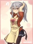  1girl ? adjusting_hair alternate_costume apron bangs black_legwear blush breasts cheese_(cheese_koubou) eyebrows_visible_through_hair facial_scar gangut_(kantai_collection) grey_hair hair_between_eyes hair_tie hair_tie_in_mouth heart highres kantai_collection long_hair looking_at_viewer mouth_hold pantyhose pleated_skirt ponytail red_eyes red_shirt scar scar_on_cheek shirt short_sleeves skirt solo twitter_username 