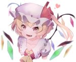  1girl ascot blonde_hair blurry blurry_background blurry_foreground collarbone commentary crystal fang flandre_scarlet frilled_hat frilled_shirt_collar frills hat hat_ribbon heart looking_at_viewer mob_cap puffy_short_sleeves puffy_sleeves red_eyes red_shirt ribbon shirt short_hair short_sleeves side_ponytail smile solo touhou upper_body wanaxtuco white_background wings yellow_neckwear 