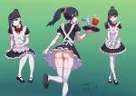  1girl absurdres alternate_costume apron ass bangs black_dress black_footwear black_hair blue_eyes commentary_request dress food french_fries frills garter_straps highres holding holding_tray looking_at_viewer looking_back maid maid_apron maid_dress mcdonald&#039;s orange_scrunchie ponytail red_ribbon ribbon scrunchie short_sleeves sitting smile soft_drink ssss.gridman standing takarada_rikka thigh-highs tray user_yunm5888 white_legwear wrist_cuffs 