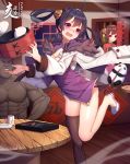  1boy 2019 2girls abs absurdres ahoge architecture azur_lane black_hair black_legwear blush breasts brown_hair bun_cover china_dress chinese_clothes cleavage cleavage_cutout clenched_teeth closed_eyes clumsy coat cowboy_shot cup dark_skin dress dumpling east_asian_architecture fang food fur_trim highres long_sleeves manatsu_no_yo_no_inmu medium_hair multiple_girls muscle new_year ning_hai_(azur_lane) open_mouth panda ping_hai_(azur_lane) purple_dress red_dress red_eyes restaurant shirtless shoes short_dress single_thighhigh small_breasts teabag teeth thigh-highs twintails violet_eyes yan_mian 