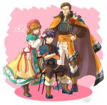  1girl 2boys belt blue_eyes blue_hair boots brother_and_sister brown_hair cape chair closed_eyes closed_mouth crossed_arms dress father_and_daughter father_and_son fire_emblem fire_emblem:_souen_no_kiseki fire_emblem_heroes flwoer green_headband greil grin hand_on_another&#039;s_head headband ike jandara_rin long_sleeves mist_(fire_emblem) multiple_boys musical_note nintendo open_mouth pants ribbon short_hair short_sleeves siblings signature sitting smile spiky_hair spoken_musical_note standing 