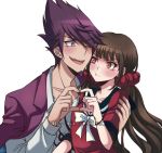  1boy 1girl :t ;d bear black_sailor_collar blazer blush brown_hair collarbone couple criis-chan dangan_ronpa hair_ornament harukawa_maki heart heart_hands heart_hands_duo jacket long_hair long_sleeves momota_kaito new_dangan_ronpa_v3 one_eye_closed open_blazer open_clothes open_jacket open_mouth purple_hair purple_jacket red_eyes red_shirt sailor_collar school_uniform shirt short_sleeves simple_background smile spiky_hair twintails upper_body very_long_hair watermark web_address white_background white_shirt 