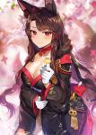  1girl akagi_(azur_lane) animal_ear_fluff animal_ears azur_lane bangs black_kimono blunt_bangs blush breasts brown_hair cleavage closed_mouth eyeliner flower fox_ears fox_girl fox_tail gijang gloves hair_ornament japanese_clothes kimono kitsune large_breasts long_hair long_sleeves looking_at_viewer makeup multiple_tails neck_ribbon red_eyes red_ribbon ribbon sash skirt smile solo tail tassel white_gloves wide_sleeves 