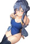  1girl bangs bare_shoulders black_legwear blue_cardigan blue_hair blue_swimsuit blush breasts cardigan closed_mouth collarbone gotland_(kantai_collection) hair_between_eyes highres kantai_collection large_breasts long_hair looking_at_viewer mole mole_under_eye navel one-piece_swimsuit pallad simple_background solo swimsuit thigh-highs thighs white_background 