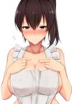 1girl apron bangs bare_shoulders blush breasts brown_eyes brown_hair chiyo_(pk19981234) cleavage closed_mouth collarbone flying_sweatdrops hair_between_eyes hands_on_own_chest kaga_(kantai_collection) kantai_collection large_breasts long_hair looking_at_viewer naked_apron side_ponytail sideboob simple_background solo white_background 