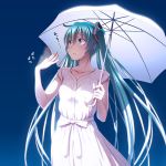  1girl aqua_hair aqua_nails blue_background collarbone commentary cowboy_shot dress fanning_face fingernails gradient gradient_background hatsune_miku highres hot looking_up nail_polish solo twintails umbrella vocaloid white_dress white_umbrella wokada 