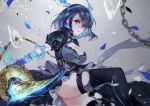  1girl alice_(sinoalice) ass blue_hair blurry_foreground boots breasts chains cleavage cleavage_cutout debris frilled_skirt frills grey_background headband highres holding holding_sword holding_weapon large_breasts looking_at_viewer magic open_mouth puffy_sleeves red_eyes ribbon short_hair sinoalice skirt solo sword thigh-highs thigh_boots thighs torn_clothes torn_legwear turtleneck vardan weapon 