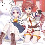  &gt;_&lt; 2girls :3 :d anger_vein animal animal_ears azur_lane bird blue_eyes blue_hair blush boots brown_footwear brown_hair capelet chang_chun_(azur_lane) chick closed_eyes closed_mouth commentary_request cross-laced_footwear day dress fu_shun_(azur_lane) fur-trimmed_boots fur-trimmed_capelet fur-trimmed_dress fur-trimmed_hood fur-trimmed_sleeves fur_trim hood hood_up hooded_capelet kneeling lace-up_boots long_hair long_sleeves multiple_girls open_mouth outdoors pantyhose red_eyes revision sitting sleeves_past_fingers sleeves_past_wrists smile snow snowing snowman thigh-highs thighband_pantyhose tsukino_neru twintails very_long_hair white_capelet white_dress white_legwear 