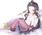  1girl bangs bare_shoulders barefoot black_hair blue_eyes blunt_bangs blush breasts collarbone commentary_request eyepatch feathers granblue_fantasy holding holding_paper jacket long_hair lunalu_(granblue_fantasy) lying medical_eyepatch midriff navel noa_(nagareboshi) off_shoulder paper pink_legwear pointy_ears quill shirt short_sleeves sleeveless sleeveless_shirt small_breasts smile solo strapless strapless_shirt white_eyepatch white_shirt wide_hips 
