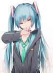  1girl bangs blue_eyes blue_hair collarbone commentary covering_mouth hair_ornament hand_over_own_mouth hand_up hatsune_miku highres jacket long_hair looking_to_the_side nail_polish necktie open_clothes open_jacket solo track_jacket tsurime twintails upper_body vocaloid wanaxtuco white_background zipper 