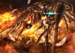  explosion feathers fire glowing glowing_eyes gundam gundam_wing_endless_waltz hiropon_(tasogare_no_puu) smoke space walking waving_arm wing_gundam_zero_custom 