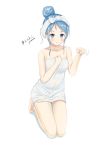  1girl absurdres alternate_costume blue_eyes blue_hair blush breasts closed_mouth eyebrows_visible_through_hair hair_bun highres kantai_collection looking_at_viewer medium_breasts naked_towel samidare_(kantai_collection) simple_background sitting solo towel twitter_username wariza white_background zuki 