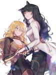  2girls animal_ears black_hair blake_belladonna blonde_hair breasts cat_ears ecru long_hair mechanical_arm multiple_girls rwby violet_eyes white_background yang_xiao_long yellow_eyes 