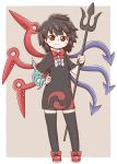  1girl asymmetrical_wings black_dress black_hair black_legwear blue_wings blush border bow bowtie brown_background center_frills commentary_request dress full_body hand_on_hip holding holding_weapon houjuu_nue looking_at_viewer outside_border polearm poronegi red_bow red_eyes red_footwear red_neckwear red_wings shoes short_dress short_hair short_sleeves simple_background smile snake solo standing thigh-highs touhou trident v-shaped_eyebrows weapon white_border wings wristband zettai_ryouiki 