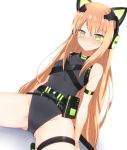  1girl @_@ animal_ears arm_strap arm_support ass_visible_through_thighs bangs bare_shoulders belt black_leotard blush bow breasts cat_ears cat_tail character_name clothes_writing covered_navel dutch_angle eyebrows_visible_through_hair fake_animal_ears frown girls_frontline green_bow green_eyes headphones highres leaning_back leotard long_hair nose_blush orange_hair s1145 simple_background sitting small_breasts solo tail tail_bow thigh_strap tmp_(girls_frontline) very_long_hair wavy_mouth white_background 