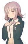  1girl aki_aiko artist_name bangs beige_skirt black_jacket breasts closed_mouth commentary_request dangan_ronpa eyebrows_visible_through_hair flipped_hair hair_ornament hairclip hand_on_own_chest highres hood hoodie jacket long_sleeves looking_at_viewer nanami_chiaki pink_eyes pink_hair pink_neckwear pink_ribbon pleated_skirt ribbon shirt short_hair simple_background skirt smile solo super_dangan_ronpa_2 upper_body white_background white_shirt 