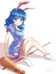  1girl ambiguous_red_liquid animal_ears arm_support blue_dress blue_hair chagura collarbone crescent dress ear_clip kine puffy_short_sleeves puffy_sleeves rabbit_ears red_eyes seiran_(touhou) short_sleeves sitting socks solo star star_print tears touhou white_background white_legwear 