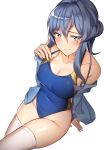  1girl bangs bare_shoulders blue_cardigan blue_hair blue_swimsuit blush breasts cardigan closed_mouth collarbone gotland_(kantai_collection) hair_between_eyes highres kantai_collection large_breasts long_hair looking_at_viewer mole mole_under_eye navel one-piece_swimsuit pallad simple_background solo swimsuit thigh-highs thighs white_background white_legwear 