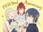  1boy 2girls :q akina_(akn_646) alfonse_(fire_emblem) anna_(fire_emblem) anniversary bird blonde_hair blue_eyes blue_hair braid brother_and_sister cake closed_eyes closed_mouth crown_braid feh_(fire_emblem_heroes) fire_emblem fire_emblem_heroes food food_on_face fork gradient_hair hair_ornament holding holding_fork holding_plate long_hair multicolored_hair multiple_girls nintendo one_eye_closed open_mouth owl pink_hair plate ponytail red_eyes redhead sharena short_hair siblings simple_background sleeveless smile tongue tongue_out v yellow_background 