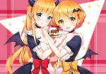  2girls :d :q apron ayamy bangs bat_hair_ornament black_choker blonde_hair blue_dress blue_eyes blush breasts cake choker cleavage closed_mouth collarbone commentary cream cream_on_face demon_girl demon_horns demon_wings dress earrings fang food food_on_face hair_between_eyes hair_ornament hair_ribbon head_tilt heart holding holding_plate hololive horns index_finger_raised jewelry long_hair looking_at_viewer maid maid_apron medium_breasts multiple_girls open_mouth plate pointy_ears red_ribbon ribbon short_hair short_sleeves sidelocks smile standing star tongue tongue_out upper_body virtual_youtuber wings yellow_eyes yellow_ribbon yozora_mel yuzuki_choco 
