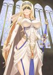  1girl blindfold blonde_hair breasts detached_sleeves dress goblin_slayer! hip_vent hips jewelry large_breasts lips long_hair looking_at_viewer necklace smile solo staff sword_maiden veil white_dress window 