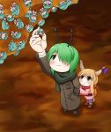  &gt;_&lt; antennae brown_eyes chibi curly_hair green_eyes green_hair highres horn_ribbon horns ibuki_suika komano_aun mushishi oni rakugaki-biyori ribbon scarf touhou wriggle_nightbug 