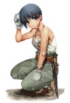  1girl absurdres bayonet black_eyes black_hair blush gloves highres imperial_japanese_army load_bearing_equipment looking_at_viewer military original pouch samazuka_mashiro sheath sheathed short_hair solo squatting sweat tank_top watch watch white_background white_gloves 