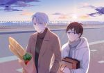  2boys bag baguette blue-framed_eyewear blue_eyes blue_sky bread brown_coat brown_eyes brown_hair clouds coat food grey_hair grey_sweater grocery_bag hand_in_another&#039;s_pocket hand_in_pocket holding holding_bag hood hoodie katsuki_yuuri lens_flare looking_at_viewer male_focus multiple_boys ouououououou outdoors parted_lips railing road shopping_bag sidewalk sky standing sun sweater turtleneck turtleneck_sweater viktor_nikiforov white_hoodie yaoi yuri!!!_on_ice 