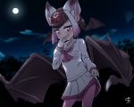  1girl :d animal_ear_fluff ascot bat_wings black_hair commentary_request common_vampire_bat_(kemono_friends) fang full_moon gradient_hair hand_to_own_mouth head_wings kasugai_isoya kemono_friends lifted_by_self long_sleeves looking_at_viewer moon multicolored_hair night open_mouth outdoors pantyhose pink_hair pink_legwear pink_neckwear pleated_skirt sailor_collar shirt short_hair skirt skirt_lift smile solo underskirt violet_eyes white_hair white_sailor_collar white_shirt white_skirt wings 