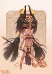  :&lt; animal_ears ankh anklet anubis armlet bracelet breasts brown_hair chibi cuffs dark_skin earrings egyptian eyebrows_visible_through_hair gold hair_ornament hieroglyphics high_heels holding holding_staff jackal_ears jewelry long_hair looking_at_viewer original pelvic_curtain shackles skindentation staff under_boob vana very_long_hair yellow_eyes 