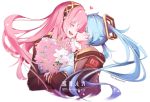  2girls anniversary blue_hair blush bouquet character_name cheek_kiss closed_eyes commentary flower hair_ornament hand_on_own_chin hatsune_miku headband heart holding holding_bouquet jacket kiss long_hair megurine_luka multiple_girls pink_hair smile twintails twitter_username upper_body very_long_hair vocaloid wanaxtuco white_background 