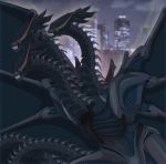  absurdres alien alien_(movie) arrancarfighter city crossover dragon dragon_wings electricity fangs godzilla_(series) highres horns kaijuu king_ghidorah monster multiple_heads no_eyes no_humans science_fiction solo teeth wings xenomorph 