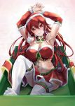  1girl absurdres arm_belt arm_warmers armpits arms_up box breasts chair christmas cleavage eris_greyrat hat highres large_breasts licking_lips long_hair mushoku_tensei navel neck_bell no_shoes older red_eyes red_hat red_skirt redhead simple_background skirt solo star thigh-highs tongue tongue_out touke very_long_hair white_background white_legwear 