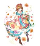  1girl aqua_eyes bangs basket boots brown_footwear brown_hair dress eyebrows_visible_through_hair fire_emblem fire_emblem:_souen_no_kiseki fire_emblem_heroes flower frills full_body hairband highres holding leaf long_dress long_skirt long_sleeves mist_(fire_emblem) miwabe_sakura nintendo official_art open_mouth petals rose shiny shiny_hair short_hair sidelocks skirt smile solo sunflower transparent_background 