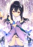 1girl black_hair boots brown_eyes bug butterfly detached_sleeves fate/kaleid_liner_prisma_illya fate_(series) hair_ornament hairclip highres insect kirie_nozomi knees_together_feet_apart leotard long_hair magical_sapphire miyu_edelfelt purple_legwear purple_leotard sitting smile solo staff thigh-highs thigh_strap twintails white_footwear 