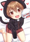  1girl :d animal_ears animal_hood arm_up bangs bare_legs barefoot bed_sheet black_hoodie blush brown_hair cat_ears cat_girl cat_hood cat_tail eyebrows_visible_through_hair fang gloves hair_between_eyes hand_up heart hood hood_down hood_up hoodie hoshino_hinata kneeling long_sleeves looking_at_viewer niiya open_mouth paw_gloves paws pleated_skirt red_eyes red_skirt skirt smile solo tail watashi_ni_tenshi_ga_maiorita! white_background 