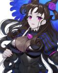  1girl bangs black_hair breasts double_bun dress fate/grand_order fate_(series) frilled_shirt_collar frills hair_ornament large_breasts long_hair looking_at_viewer murasaki_shikibu_(fate) pale_skin pyz_(cath_x_tech) umbrella upper_body very_long_hair violet_eyes 