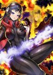  1girl :o alex_(shin_megami_tensei:_strange_journey) bangs black_bodysuit black_gloves black_hair blue_eyes bodysuit breasts collar commentary_request fire gauntlets gloves headphones headset highres hood hood_down large_breasts latex long_hair looking_at_viewer open_mouth rootdesign shin_megami_tensei shin_megami_tensei:_strange_journey shiny shiny_clothes single_gauntlet skin_tight solo thick_thighs thighs vest 
