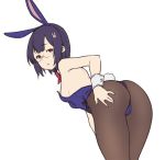  1girl animal_ears ass bare_shoulders bent_over black_legwear blue_hairband breasts bunny_hair_ornament bunny_tail bunnysuit eyebrows_visible_through_hair fake_animal_ears from_behind glasses hair_ornament hairband hairclip hand_on_own_ass houtengeki looking_at_viewer looking_back original pantyhose parted_lips rabbit_ears red_eyes short_hair simple_background small_breasts solo tail white_background wrist_cuffs 