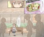  1girl absurdres animal_print bag bangs bear_print bench black_footwear black_legwear black_neckwear black_ribbon black_skirt boko_(girls_und_panzer) bow bowtie broccoli building bush closed_mouth collared_shirt comic empty_eyes eyebrows_visible_through_hair faceless faceless_female food fruit girls_und_panzer hair_ribbon handbag high-waist_skirt highres light_blush light_brown_hair long_hair long_sleeves mary_janes medium_skirt namakurage obentou on_bench outdoors pantyhose praying ribbon shimada_arisu shirt shoes sitting skirt smile solo_focus standing strawberry striped striped_legwear stuffed_animal stuffed_toy suspender_skirt suspenders tako-san_wiener teddy_bear walking white_shirt window 