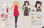  2girls black_hair black_legwear black_ribbon blonde_hair character_sheet commentary_request dress earrings ereshkigal_(fate/grand_order) fate/grand_order fate_(series) grey_background hair_ribbon highres ishtar_(fate/grand_order) jewelry kouzuki_kei long_hair looking_at_viewer multiple_girls multiple_views nail_polish pantyhose parted_lips red_dress red_eyes ribbon ring simple_background sleeveless sleeveless_dress standing translation_request two_side_up white_ribbon 